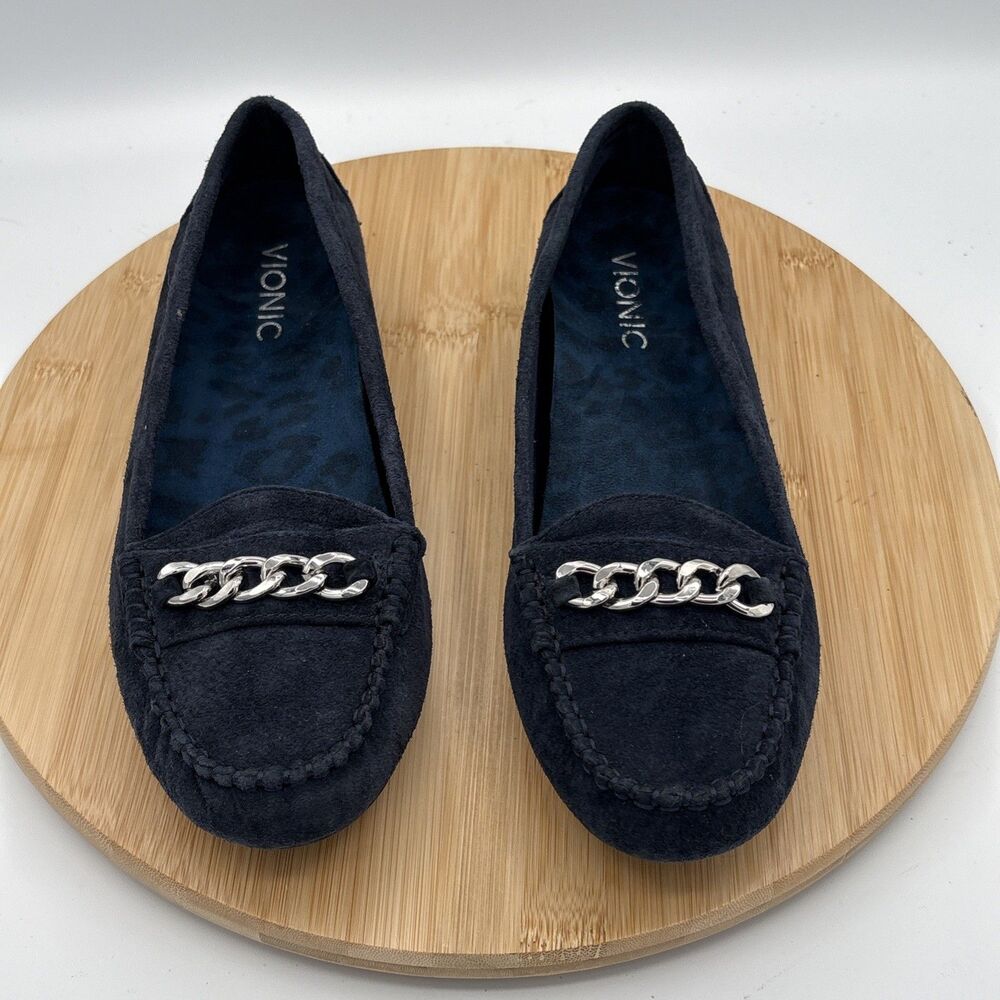 Vionic Navy Mesa Suede Slip on Driving Flat Loafer Curb Chain Womens 7.5 Wide